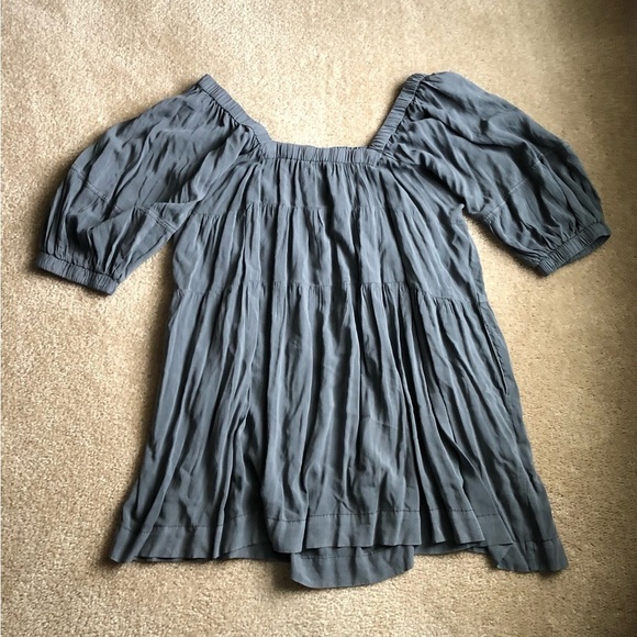 Mustard Seed Women’s L Charcoal Gray Chambray Puffed Sleeve Tiered Pocket Dress - Picture 10 of 11